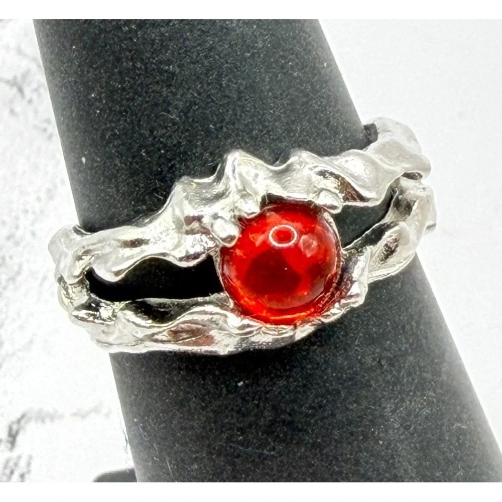 Size 6.5 Silver Tone Molten Texture Red Cabochon‎ Open Back Ring Gothic Style